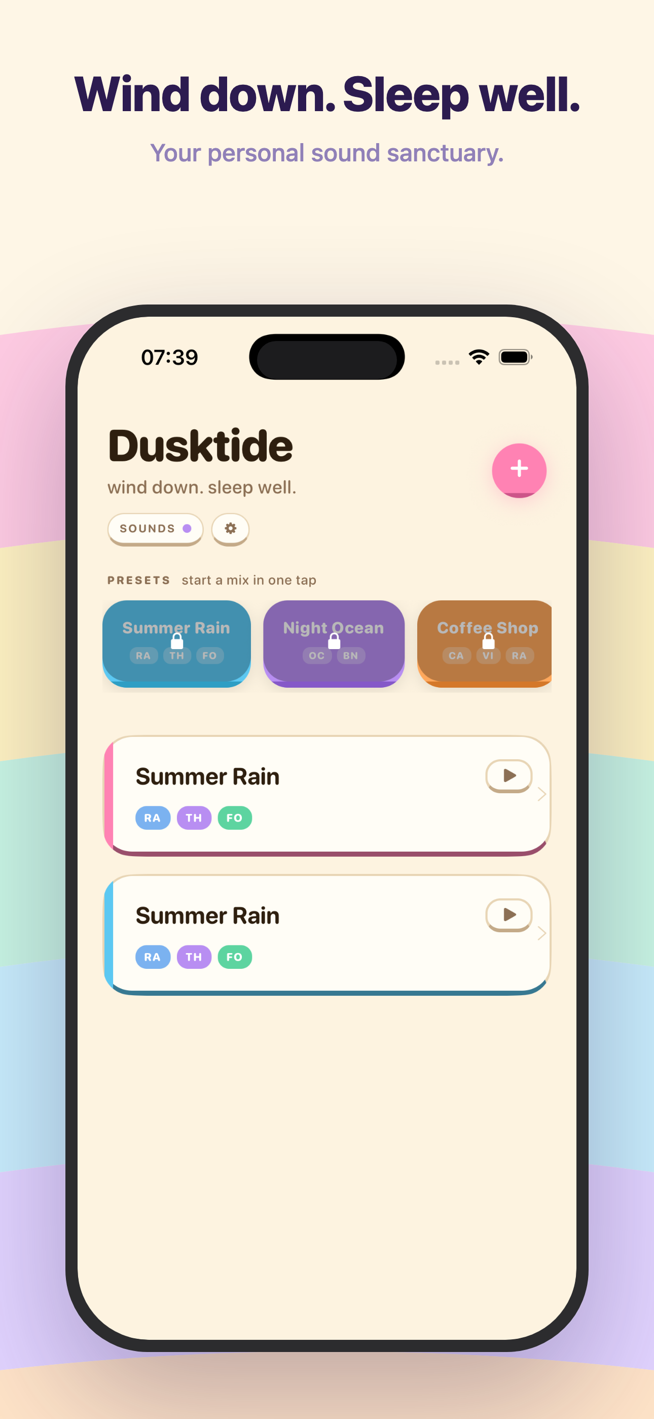 Dusktide home screen with sound mix presets